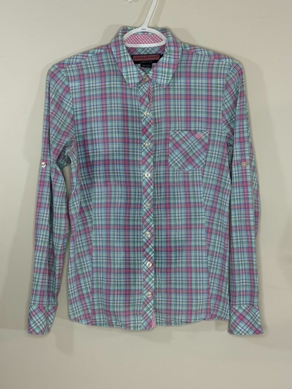 Vineyard Vines Womens Plaid Button-Up Shirt Size 0 100% Cotton Long Sleeve Blue
